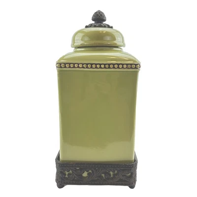 Gracious Goods Large Ceramic Canister Cookie Jar With Lid & Stand Green - Image 1 of 4