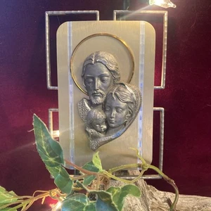 VTG Italian Holy Family Metal Pewter on Wood Sculpture Plaque Mid Century Modern - Picture 1 of 8
