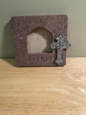 Religious Cement Picture Frame W/silver Cross & Blue Gem 5x5 - Image 1 of 2