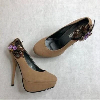 Tan Suede Feather Gemstone Pumps - Image 1 of 4
