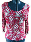 Color Me Cotton Woman Medium Red Semi Sheer Pull On  Long Sleeves Damask Top
