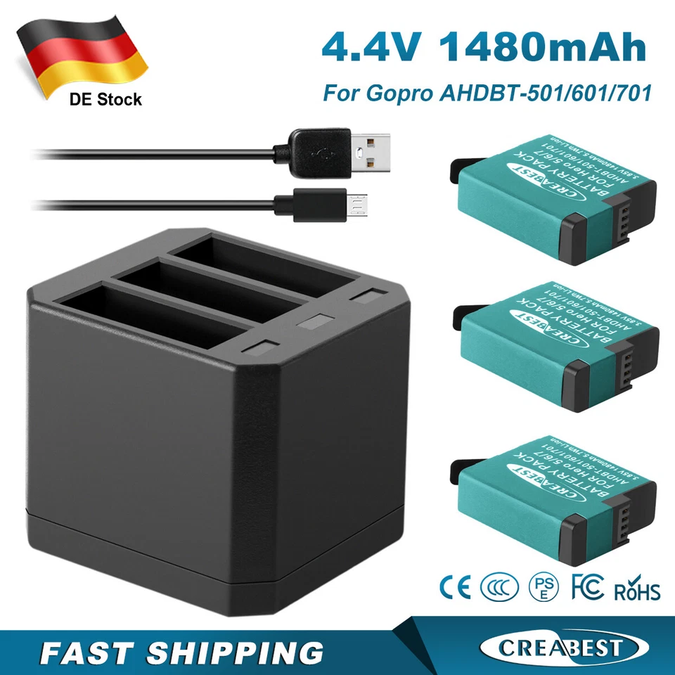 CREABEST 3pcs AHDBT-501 AHDBT501 batteria e caricabatterie a 3 canali per GoPro Hero 8/7/6/5 Black
