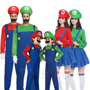 Kids Mens Womens Super Mario Luigi Bros/Brothers Costumes Halloween Fancy Dress - Picture 1 of 10
