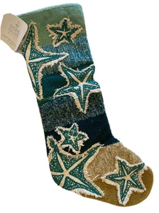 Sigrid Olsen Blue Teal White Starfish Embroidered Christmas Stocking 22” NWT - Picture 1 of 4