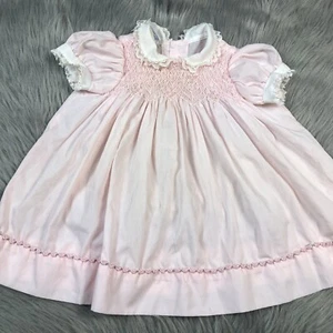 Vintage Polly Flinders Baby Girls Pink Floral Smocked Lace Trim Dress - Picture 1 of 11