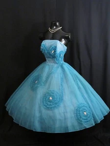 Vintage 1950's 50s Turquoise BLUE Teal CHIFFON Organza Party Prom DRESS Gown S/M - Picture 1 of 8