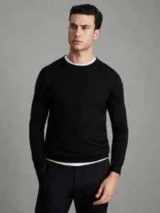 REISS MENS Wessex Merino Wool Crew Neck Jumper Top in Black Size XL - Picture 1 of 7