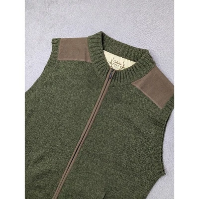 Cabelas Mens XL Sweater Vest Green Wool Blend Suede Shoulder Full Zip Outdoor - Image 1 of 4