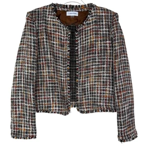 Chaqueta Calvin Klein Mujer 16 Marrón Multi Tweed Boucle Flecos Frente Abierto - Imagen 1 de 14