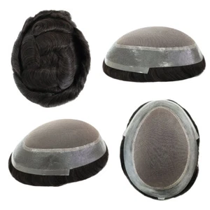 Mens Human Hair Replacement System Fine Mono Poly Skin Toupee for Men Hairpieces - Picture 1 of 12