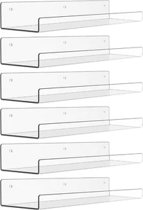 6 Pack 15" Clear Acrylic Floating Shelves for Wall Storage Books Bathroom Decor - Picture 1 of 12