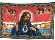Jesus Christ Sacred Heart Angels Large 53”x35” Vintage Wall Hanging Tapestry