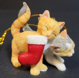 Hanging Christmas Ornament Figurine Cats With Red Stocking Kittens Orange Tabby - Picture 1 of 12