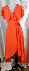 ENTRO Women,Long Chiffon V-Neck Surplice Dress,Split Front,Ruffle Cape,Orange S - Picture 1 of 12