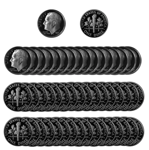 1991 S Roosevelt Dime 10c Gem Deep Cameo Proof CN-Clad Roll 50 US coins Cover