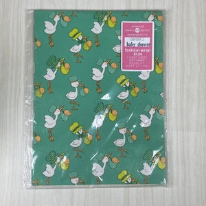 Vintage STORK Baby Shower Gift Wrap Wrapping Paper Green NOS Sealed Giant Sheet - Picture 1 of 4