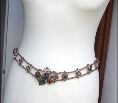 VTG KJL? Multicolored Bejeweled Rhinestone Gold Chain Belt Royalty Small RARE - image 1 of 4