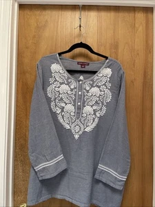 Jessica London Long Sleeves Tunic Top Size 22 Gray With White Embroidery - Picture 1 of 3