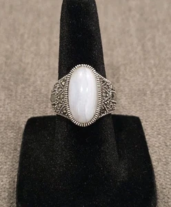 Vintage 925 Sterling Silber Ring Markasit weiß/blau Achat Stein Gr. 5 oval - Bild 1 von 7