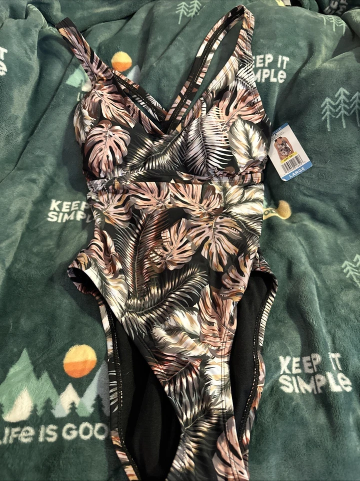 Womens Size Large Hurley One Piece Scattered Palm Swimsuit HSO1021