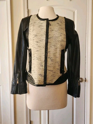 BARBARA BUI black leather ivory tweed leather jacket  - Image 1 of 4