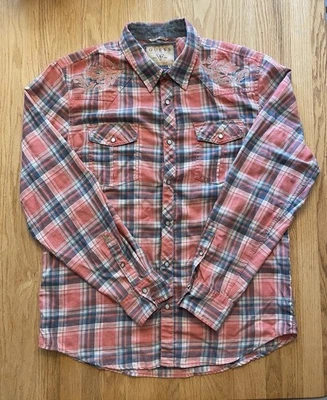 Guess Pearl Snap Western Embroidered Button Down Shirt Orange Plaid Size XL - Image 1 of 4