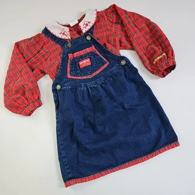VINTAGE OSHKOSH B'GOSH PLAID & DENIM OVERALL DRESS  & SHIRT 4/5    TODDLER USA  - Image 1 of 4