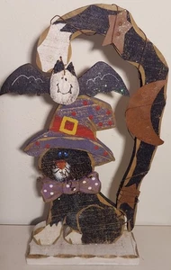 Wooden Black Cat With Witches Hat And Flying Bat Halloween Decoration  - Picture 1 of 2