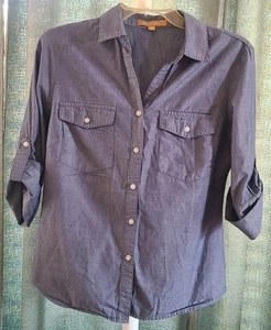 Top Ellen Tracy piccolo blu chambray con bottoni 3/4 maniche a linguetta arrotolate tasche - Foto 1 di 4