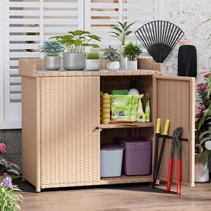Outdoor Wicker Storage Cabinet Large Space Potting Bench Plate Garden Table - Picture 1 of 7