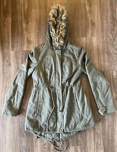 American Rag Cie Womens Jacket S Green Khaki Fleece Hooded Coat Fur Trim - Picture 1 of 10
