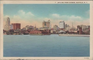 Buffalo New York Skyline vom Hafen Innenstadt um 1940 Leinen Postkarte C893 - Bild 1 von 2