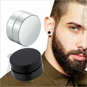 Men's Hot Trendy Punk Style Round Magnetic Ear Stud Pair Non Piercing Earrings - Picture 1 of 11