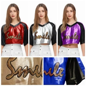 Damen T-Shirts Bühne Crop Top Pullover T-Shirt Jazz Metallic Glänzend Mode Party - Bild 1 von 54