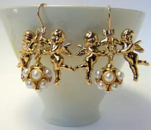 Dangle Earrings Women's Angels Cupidi Putti Golden Gold IN Antique Style Baroque - Picture 1 of 10