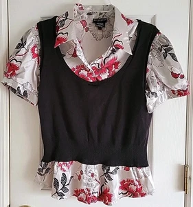 Bay Studio Career Liquid Silver Floral Satin Blouse Attached Sweater Vest - Picture 1 of 3