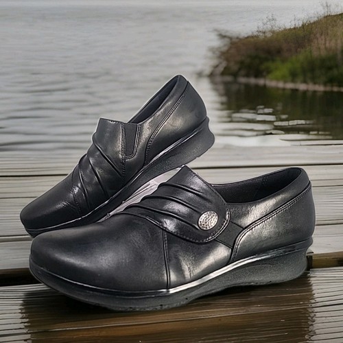 Scarpe mocassino Clarks Hope Roxanne da donna US 7 5 M in pelle nera con cuscino