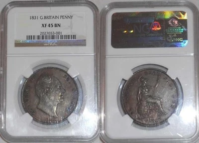 Nice Toned 1831 Copper Coin Great Britain One Penny King William IV NGC XF45 BN - Image 1 of 3