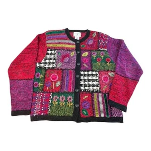 Susan Bristol Sweater Womens PS Floral Flowers Pop Art Hand Knit Beaded - Picture 1 of 17