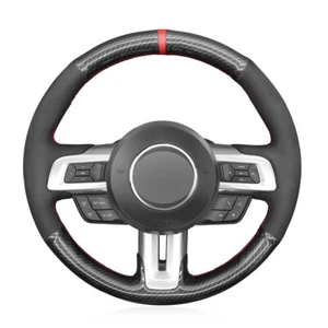 Black Carbon Fiber Suede Red Marker Car Steering Wheel Cover For Ford Mustang - Picture 1 of 15