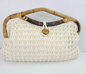 Vintage MCM Woven Macrame Handbag Purse Bamboo Handle Clutch 70's MOD Fashion - Picture 1 of 17