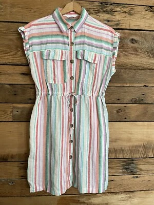 Pastel Striped Button Down Dress Short Sleeve Collared Drawstring Waist Utility  - Image 1 of 3
