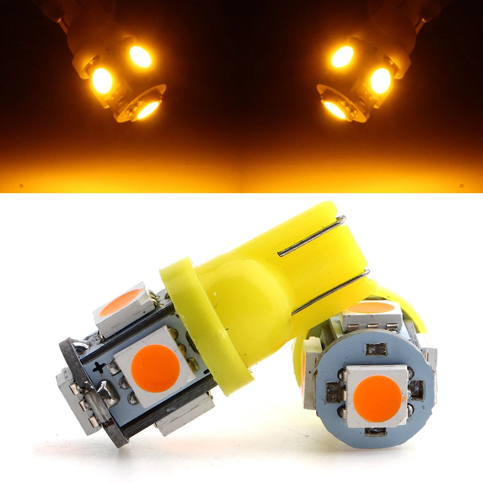 100Pcs High Bright Amber T10 5050 W5W 5SMD 194 168 LED Car Side Wedge Light 12V - Image 1 of 4