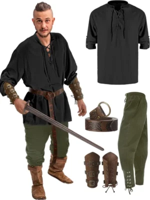  4Pcs Halloween Men's Costume Set Shirt Ankle Banded Pants Viking Accessories - Image 1 of 4