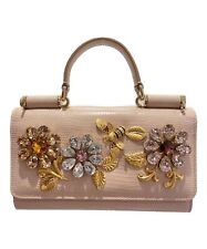 Dolce & Gabbana Sicily Von Crystals Phone Bag Beige Embossed Leather Used