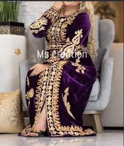 New Velvet Moroccan Dubai Kaftans Purple Abaya Farasha Dress Fancy Long Gown - Picture 1 of 5