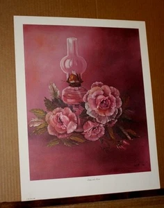 Lamp and Roses by Lola Joiner Oil Lamp Flowers Kentucky Artist hand signed - Picture 1 of 6