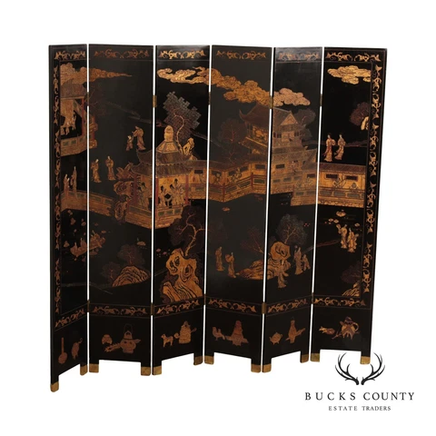 Vintage Asian Chinoiserie Six Panel Folding Screen Cover
