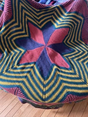 Vintage Folk Art Stripes & Star Blanket Handmade Knit Throw 70” - Image 1 of 4