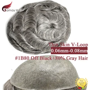 Thin Skin V-Loop Mens Toupee Hairpiece 0.06-0.08mm Poly PU Gray Hair Replacement - Picture 1 of 6